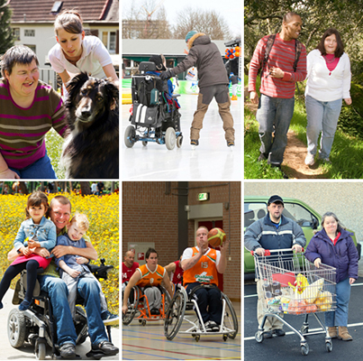 Photo collage of people with disabilities living in their community, working, shopping, a youth in school or playing a team sport, an older person in a wheel chair attending a spiritual gathering, etc.
