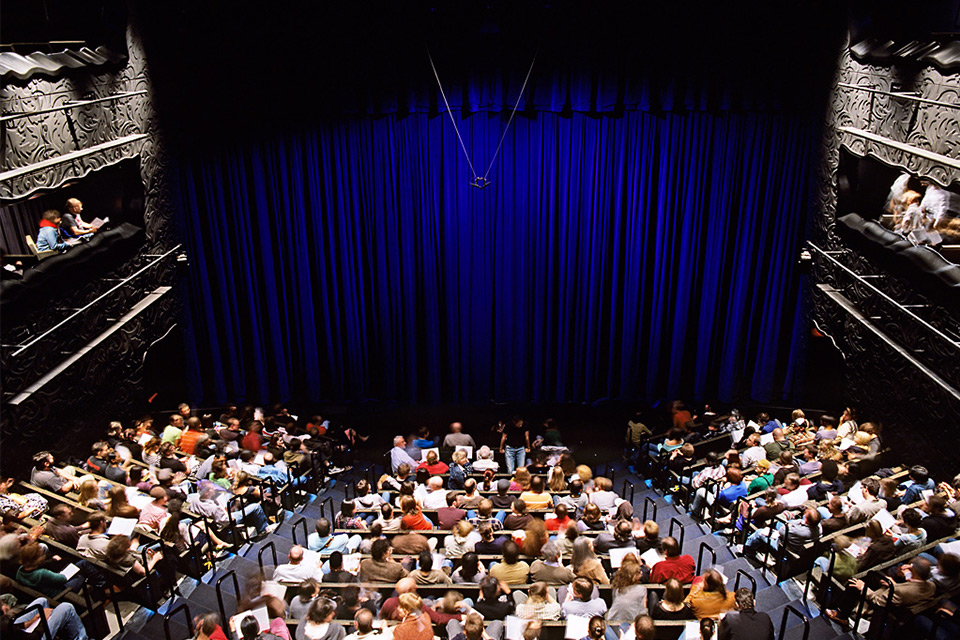 Photograph of Walker Art Center theater; the seats are filled with people waiting for a film to start.
